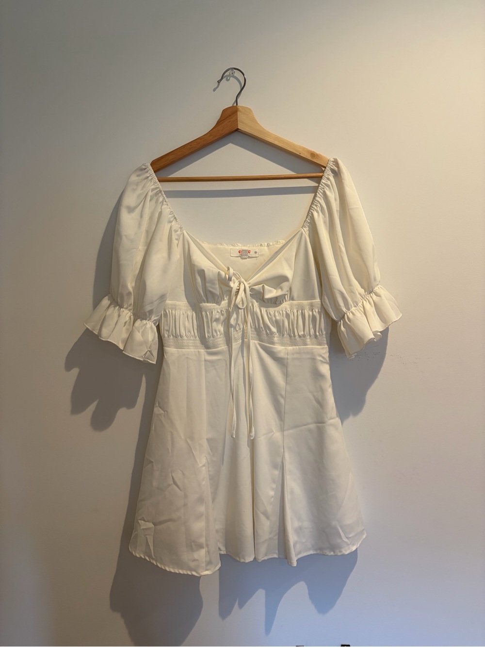 White Puff-Sleeve Mini Dress with Tie Front